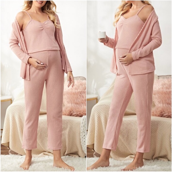Maternity Dusty Pink Ribbed Cami Lounge Pants Pajamas Set